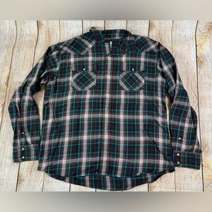 Mens Ariat Western Brown Green Plaid Harrisburg Pearl Snap Retro Fit Shirt XL